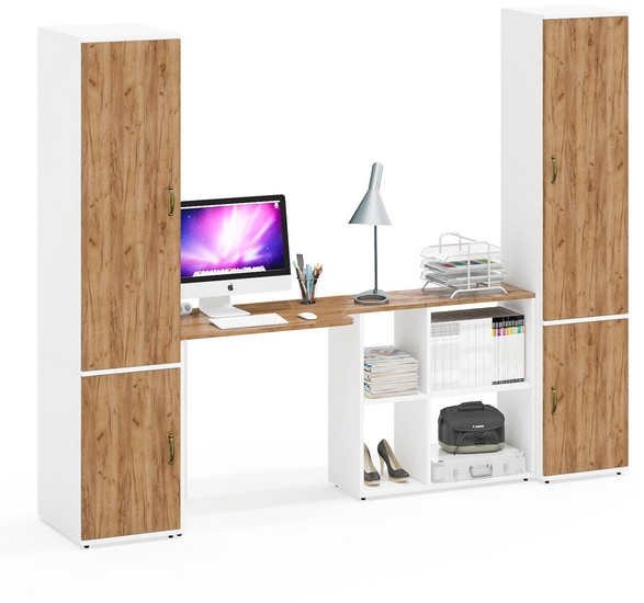 Лидер-8 Пенал МД 23Б + Стол + Пенал 21Б, цвет белый шагрень/крафт золото, ШхГхВ 245х50/37,5х75/190 или 155х120/50х75/190 см., НЕ универсальная сборка