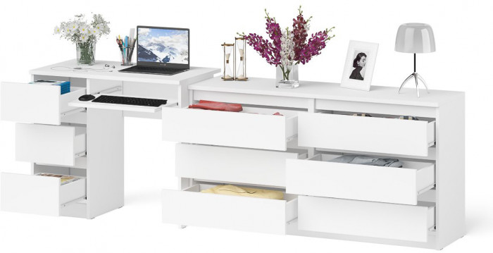 Мори Стол компьютерный МС-6 левый + Комод МК1380.6, цвет белый, ШхГхВ 228х50х76,6 см., выдвижные ящики слева, НЕ универсальная сборка