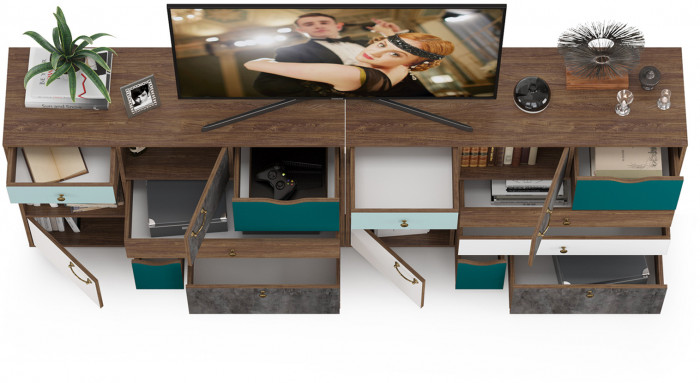 Вайс Комод 10.104 + Комод 10.104, цвет морское дерево винтаж/камень тёмный/бензин/мята/белый премиум, ШхГхВ 242,4х39,9х88,8 см., НЕ универс. сборка