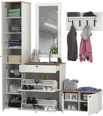 Остин Прихожая 45, цвет белый шагрень/дуб крафт золотой, ШхГхВ 200х54,3х229,6 см., универсальная сборка