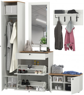 Остин Прихожая 45, цвет белый шагрень/дуб крафт золотой, ШхГхВ 200х54,3х229,6 см., универсальная сборка