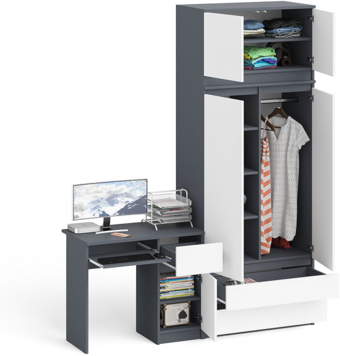 Мори компьютерный стол МС-1 правый + Шкаф МШ900.1 + Антресоль МА900.1, графит/белый