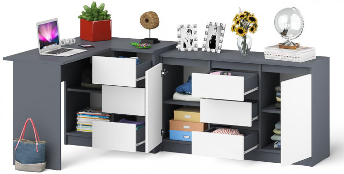 Мори компьютерный стол МС-16 правый + Комод МК1200.3, графит/белый