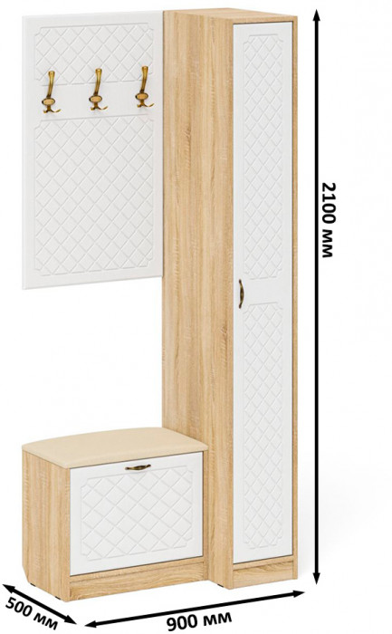 Прихожая П-6 Компоновка № 41, дуб сонома/фасады МДФ белое дерево фрезеровка ромб