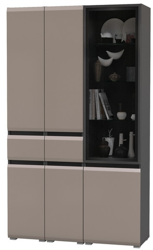 Сидней 13.202 Шкаф с ящиком 2 штуки + Шкаф-витрина 13.201, корпус: антрацит/фасады: МДФ веллюто капучино/стекло