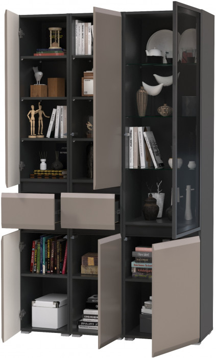 Сидней 13.202 Шкаф с ящиком 2 штуки + Шкаф-витрина 13.201, корпус: антрацит/фасады: МДФ веллюто капучино/стекло