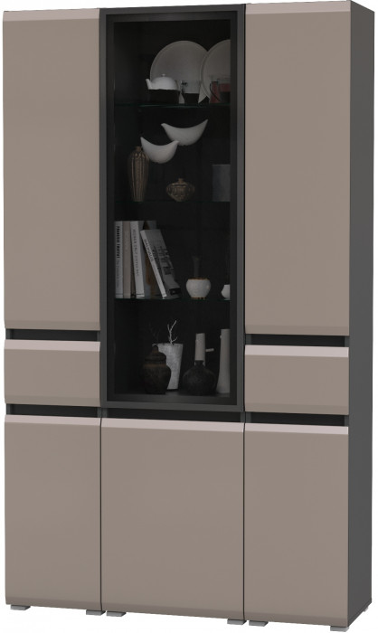 Сидней 13.202 Шкаф с ящиком 2 штуки + Шкаф-витрина 13.201, корпус: антрацит/фасады: МДФ веллюто капучино/стекло