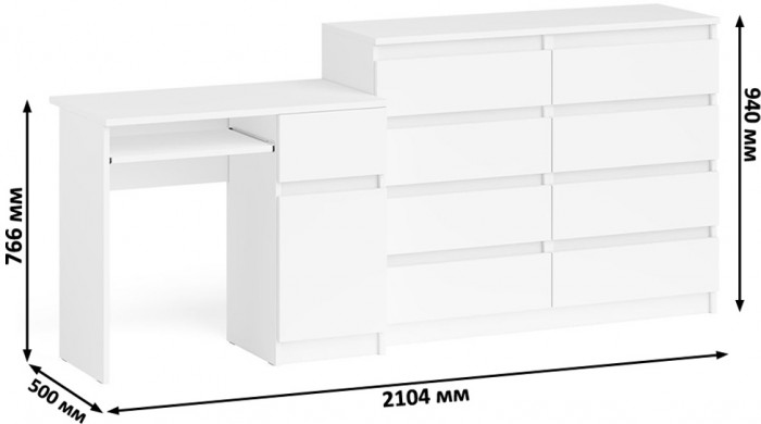 Мори Стол компьютерный МС-1 правый + Комод МК1200.8, цвет белый, ШхГхВ 210,4х50х94 см., выдвижной ящик справа, НЕ универсальная сборка