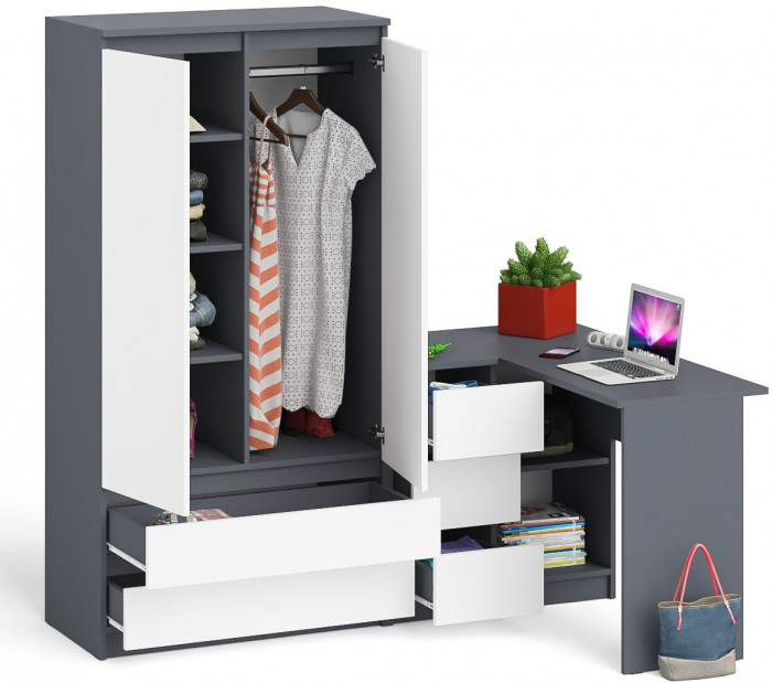 Мори Стол компьютерный МС-16 левый + Шкаф МШ900.1, цвет графит/белый, ШхГхВ 214,8х84,9х179,6 см., выдвижные ящики слева, НЕ универсальная сборка