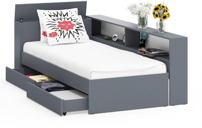 Ксения Кровать с ящиками 0900 + прикроватный блок, графит