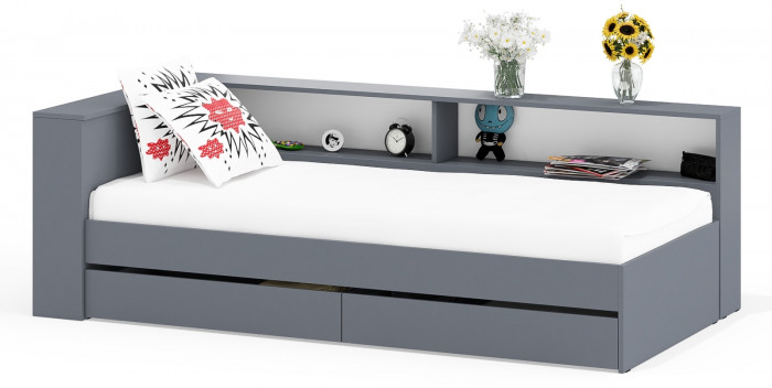 Ксения Кровать с ящиками 0900 + прикроватный блок, графит