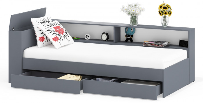 Ксения Кровать с ящиками 0900 + прикроватный блок, графит