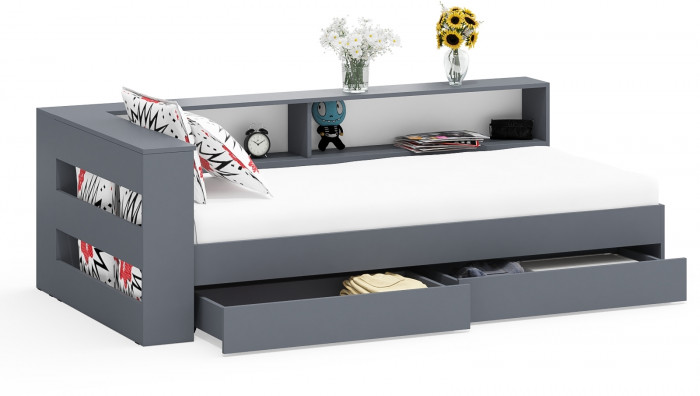 Ксения Кровать с ящиками 0900 + прикроватный блок, графит