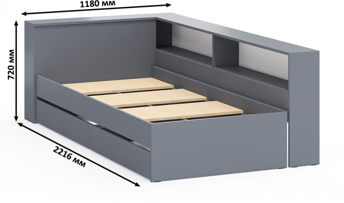 Ксения Кровать с ящиками 0900 + прикроватный блок, графит