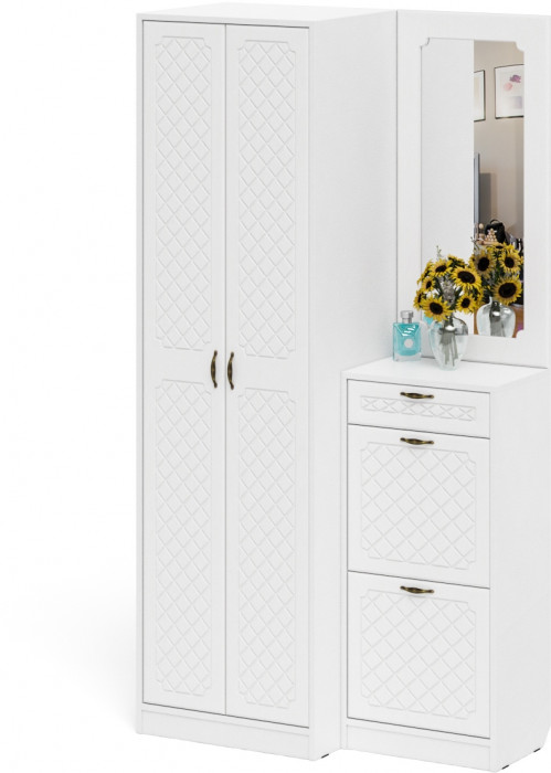 Прихожая П-6 Компоновка № 17, цвет белая шагрень/фасады МДФ белое дерево фрезеровка ромб, ШхГхВ 110х50х210 см., универсальная сборка