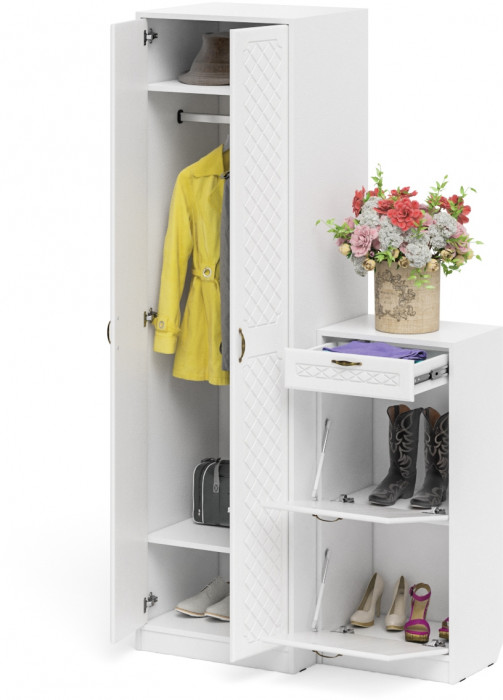 Прихожая П-6 Компоновка № 16, белая шагрень/фасады МДФ белое дерево фрезеровка ромб