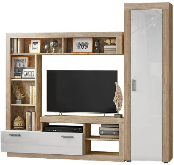 Модульная гостиная Ангара, композиция 1 (Сонома / Белый глянец)