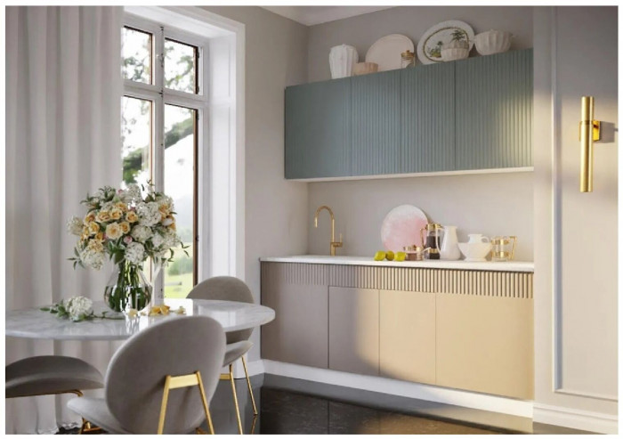 Кухня МДФ Оливия 2000 (Шарли Пинк/Шарли Мокко, Белый)