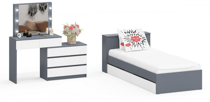 Ксения Кровать с ящиками 0900 + Стол косметический с подсветкой 110, графит/белый