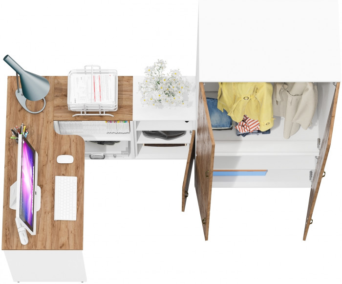 Лидер-8 Стол + Тумба МД 3.19 + Шкаф МД 19Б, цвет белый шагрень/крафт золото, ШхГхВ 285х50/37,5х75/190 или 115х200/50х75/190 см., НЕ ун. сборка