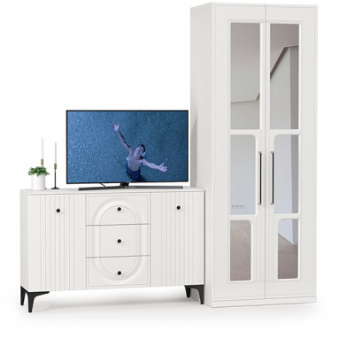 Валенсия Спальня 13.309 Комод + 13.329 Шкаф для одежды, цвет ЛДСП белый шагрень/МДФ белый шагрень, ШхГхВ 217,2х54,2х225,3 см.