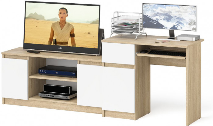 Мори Стол компьютерный МС-1 левый + Тумба МТВ1200.1, цвет дуб сонома/белый, ШхГхВ 210,4х50х76,6 см., выдвижной ящик слева, НЕ универсальная сборка