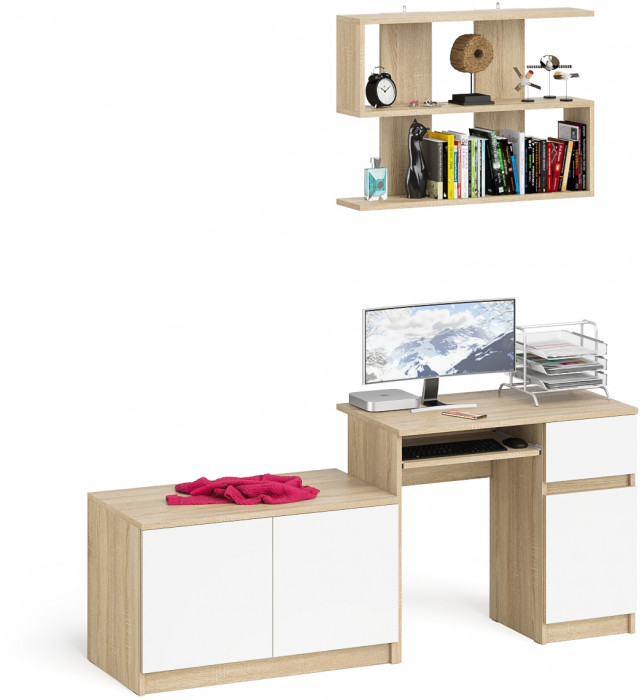Мори Стол компьютерный МС-1 правый + Тумба МА900.1 + Полка 900, цвет дуб сонома/белый, ШхГхВ 180,4х50,4х209,6 см., НЕ универсальная сборка