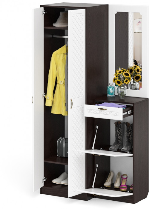 Прихожая П-6 Компоновка № 17, цвет венге/фасады МДФ белое дерево фрезеровка ромб, ШхГхВ 110х50х210 см., универсальная сборка