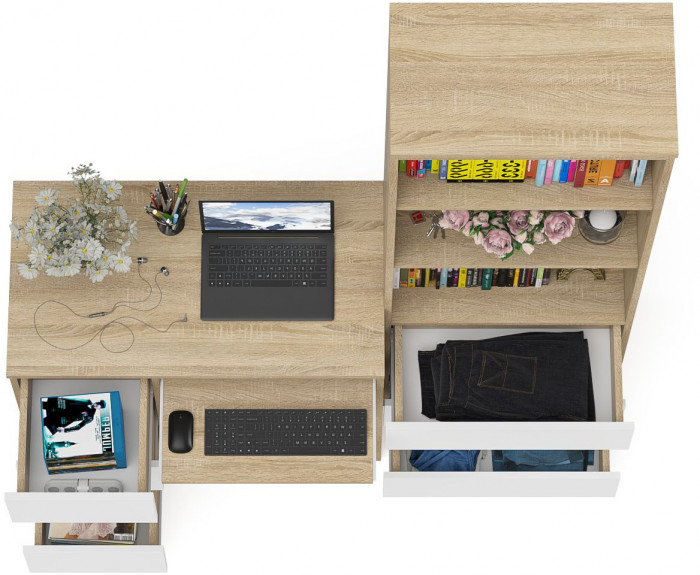 Мори Стол компьютерный МС-6 левый + Стеллаж МСТ600.3, цвет дуб сонома/белый, ШхГхВ 150,4х50х179,6 см., выдвижные ящики слева, НЕ универсальная сборка