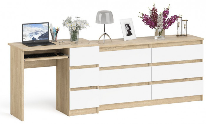Мори Стол компьютерный МС-6 правый + Комод МК1380.6, цвет дуб сонома/белый, ШхГхВ 228х50х76,6 см., выдвижные ящики справа, НЕ универсальная сборка