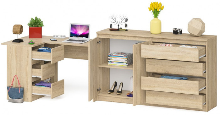 Мори компьютерный стол МС-16 левый + Комод МК1600.1, дуб сонома