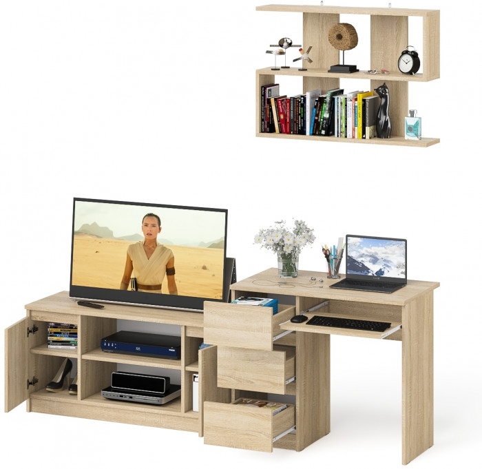 Мори компьютерный стол МС-6 левый + Тумба МТВ1200.1 + Полка 900, дуб сонома