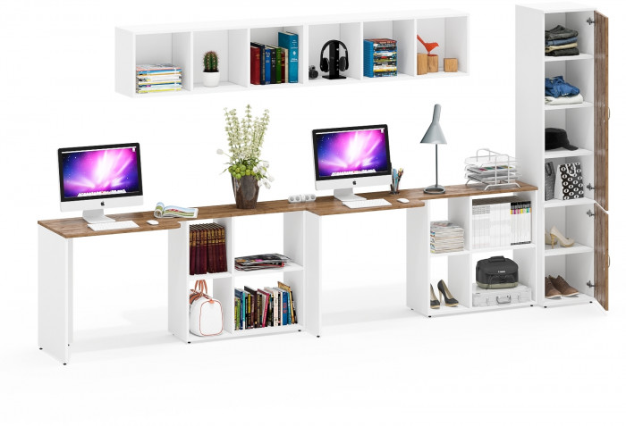 Лидер-8 Стол + Полка + Стол + Полка + Пенал МД 22Б, цвет белый шагрень/крафт золото, ШхГхВ 370х50/37,5х75/190 или 230х120/50х75/190 см., НЕ ун. сборка