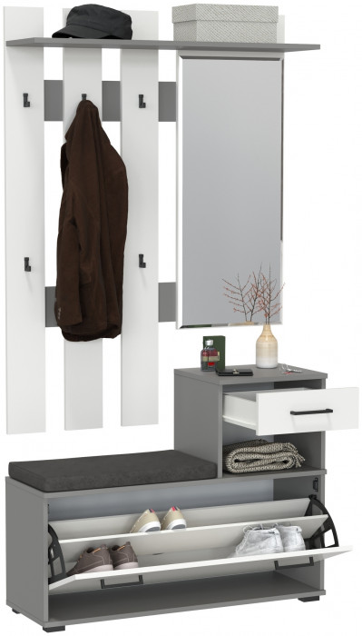 Лира ГК Прихожая 1 2-0714+2-3814 Тумба под обувь + Вешалка с зеркалом, цвет графит/белый, ШхГхВ 100х33х185 см., универсальная сборка