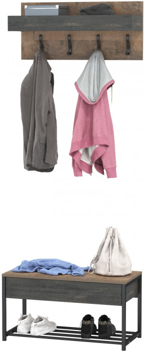 Трувор 13.241.03 Тумба для обуви + 15.04 Вешалка, цвет дуб гранж песочный/интра, ШхГхВ 80х36,6х195 см.