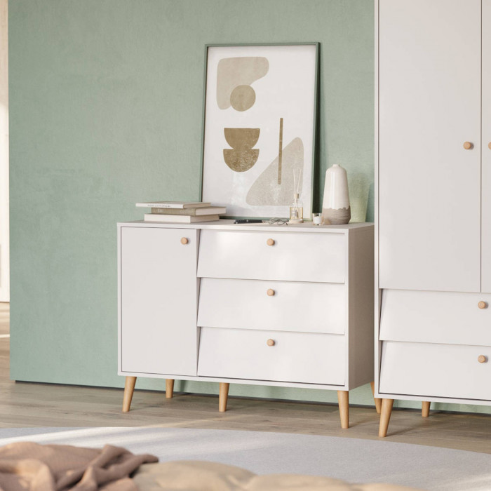 Афина Спальня 4-44901М1к.с. Комод с дверкой и тремя ящиками, цвет кашемир серый, ШхГхВ 110х45,3х83 см., универсальная сборка, цвет ножек: тик