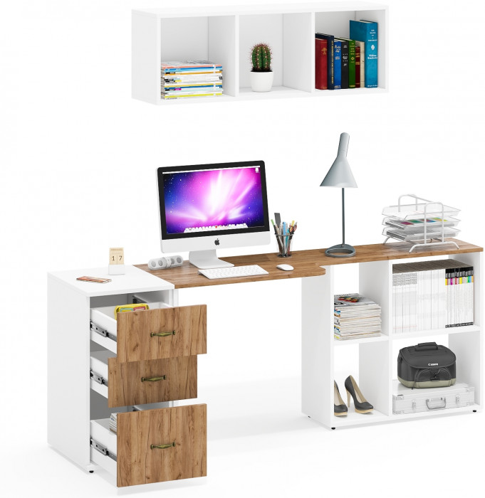 Лидер-8 Стол + Полка + Тумба МД 3.16, цвет белый шагрень/крафт золото, ШхГхВ 205х50/30х75/190 или 155х80/50х75/190 см., НЕ универсальная сборка