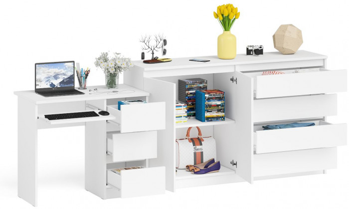 Мори Стол компьютерный МС-6 правый + Комод МК1600.1, цвет белый, ШхГхВ 250,4х50х94 см., выдвижные ящики справа, НЕ универсальная сборка