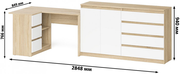 Мори компьютерный стол МС-16 левый + Комод МК1600.1, дуб сонома/белый
