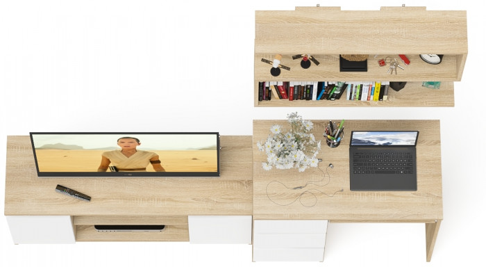 Мори компьютерный стол МС-6 левый + Тумба МТВ1200.1 + Полка 900, дуб сонома/белый