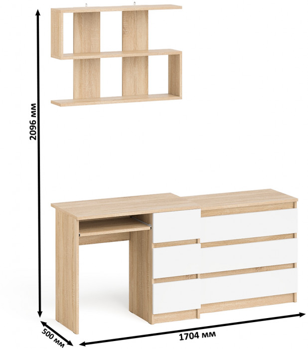 Мори компьютерный стол МС-6 правый + Комод МК800.1 + Полка 900, дуб сонома/белый