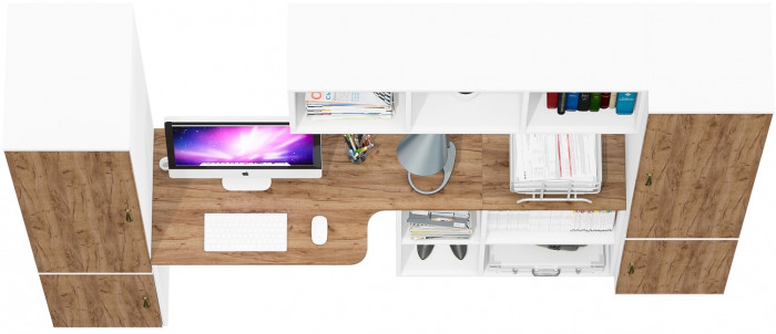 Лидер-8 Пенал МД 23Б + Стол + Полка + Пенал 22Б, цвет белый шагрень/крафт золото, ШхГхВ 245х50/37,5х75/190 или 155х120/50х75/190 см., НЕ ун.сб.