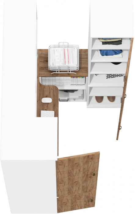 Лидер-8 Пенал МД 23Б + Стол + Полка + Пенал 22Б, цвет белый шагрень/крафт золото, ШхГхВ 245х50/37,5х75/190 или 155х120/50х75/190 см., НЕ ун.сб.