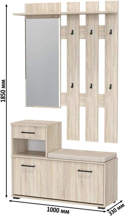 Лира ГК Прихожая 1 2-0714+2-3814 Тумба под обувь + Вешалка с зеркалом, цвет дуб сонома, ШхГхВ 100х33х185 см., универсальная сборка
