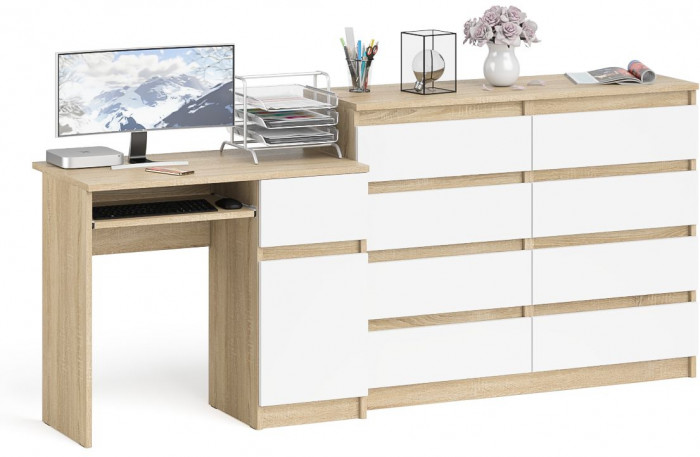 Мори Стол компьютерный МС-1 правый + Комод МК1200.8, цвет дуб сонома/белый, ШхГхВ 210,4х50х94 см., выдвижной ящик справа, НЕ универсальная сборка