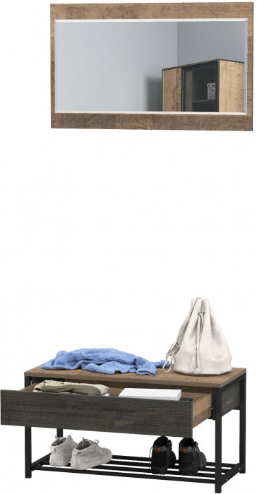 Трувор 13.241.03 Тумба для обуви + 15.30 Зеркало, цвет дуб гранж песочный/интра, ШхГхВ 80х36,6х195 см.