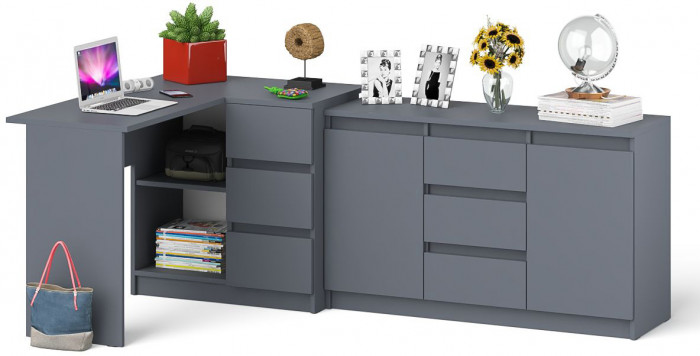 Мори Стол компьютерный МС-16 правый + Комод МК1200.3, цвет графит, ШхГхВ 244,8х84,9х76,6 см., выдвижные ящики справа, НЕ универсальная сборка
