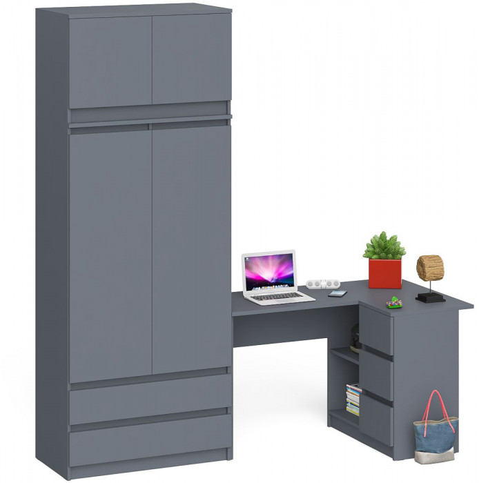 Мори Стол компьютерный МС-16 правый + Шкаф МШ900.1 + Антресоль МА900.1, цвет графит, ШхГхВ 214,8х84,9х234,2 см., выдвижные ящики справа, НЕ ун. сб.