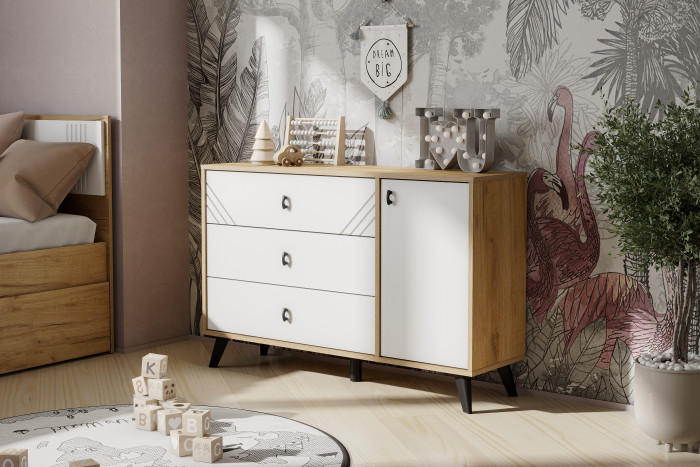 Комод 3 ящика Байкал (со створкой), Дуб Золотой, Белый матовый