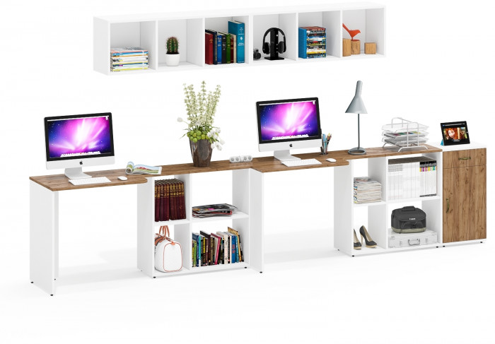 Лидер-8 Стол + Полка + Стол + Полка + Тумба МД 3.15, цвет белый шагрень/крафт золото, ШхГхВ 370х50/30х75 или 230х50/120х75 см., НЕ универс. сборка